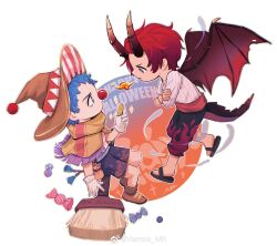 2boys absurdres bag blue_hair breath_weapon breathing_fire broom broom_riding brown_capelet brown_hat brown_shoes buggy_the_clown candy capelet chibi chibi_only clown_nose coin dragon_boy dragon_horns dragon_tail dragon_wings fire flame_print food full_body gloves happy_halloween hat highres holding holding_coin horns looking_at_another multiple_boys one_piece pumpkin_print red_hair sandals satchel shanks_(one_piece) shoes short_hair shorts sidesaddle tail tassel vamos_mk white_gloves wings witch_hat wrapped_candy