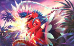 Rule 34 | artist request, check artist, cloud, colored sclera, koraidon, lens flare, nintendo, no humans, open mouth, orange eyes, palm tree, pokemon, pokemon (creature), pokemon focus, pokemon tcg, second-party source, shutsuri, sky, solo, sun, tree, yellow sclera