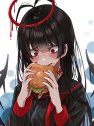 Rule 34 | 1girl, antenna hair, black hair, black sailor collar, black serafuku, black wings, blood, blood halo, blue archive, blush, bread, burger, eating, food, halo, highres, holding, holding burger, holding food, komena (shinyday312), lettuce, liquid halo, long hair, low wings, neckerchief, red eyes, red neckerchief, sailor collar, school uniform, serafuku, solo, tsurugi (blue archive), wings
