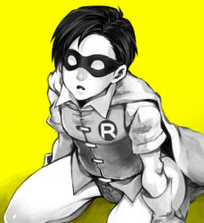 1boy batman_(series) cape color_background dc_comics dick_grayson domino_mask gloves kneeling leotard male_focus mask monochrome robin_(dc) simple_background solo tachibana_(ghosts_0119) yellow_background yellow_theme
