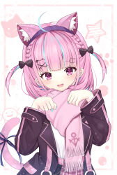 1girl absurdres ahoge anchor_symbol animal_ear_fluff animal_ears black_bow black_jacket blue_hair blue_nails blue_ribbon blunt_bangs bow braid cat_ears cat_girl cat_hair_ornament cat_tail enpera hair_bow hair_ornament hairclip head_tilt highres hololive jacket kyabetsu_ningen long_sleeves looking_at_viewer minato_aqua minato_aqua_(school_uniform) multicolored_hair o-ring open_clothes open_jacket open_mouth paw_pose paw_print pink_scarf pink_skirt pink_trim plaid_clothes plaid_skirt pleated_skirt purple_eyes purple_hair ribbon scarf school_uniform shirt skirt smile solo star_(symbol) streaked_hair tail tail_ornament tail_ribbon twin_braids two_side_up upper_body virtual_youtuber white_background white_shirt x_hair_ornament