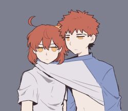 1boy 1girl chaldea_security_organization emiya_shirou fate/grand_order fate/stay_night fate_(series) fujimaru_ritsuka_(female) grey_background igote look-alike monster_771 no_sclera orange_eyes orange_hair orange_scrunchie red_hair scrunchie shirt side_ponytail simple_background t-shirt unamused under_another&#039;s_clothes upper_body white_shirt