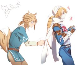 ! 2boys animal_ears armor belt braid fox_ears fox_tail from_side genderswap genderswap_(ftm) kemonomimi_mode link male_focus mask miri_(cherryjelly) mouth_mask multiple_boys nintendo pants ponytail profile scarf scarf_pull sheik short_ponytail shoulder_armor simple_background single_braid spoken_exclamation_mark surprised tail the_legend_of_zelda the_legend_of_zelda:_breath_of_the_wild the_legend_of_zelda:_ocarina_of_time turban white_background white_scarf