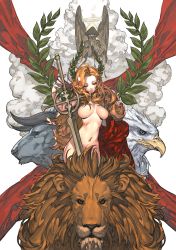 1girl angel bird bull eagle closed_eyes halo hichi highres lion no_nipples nude sword weapon