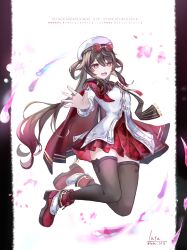 1girl :d absurdres alternate_costume artist_name black_thighhighs brown_hair cape dress english_text eyewear_on_head flower-shaped_pupils full_body genshin_impact hair_between_eyes hat highres hu_tao_(cherries_snow-laden)_(genshin_impact) hu_tao_(genshin_impact) jewelry long_hair long_sleeves looking_at_viewer luta_(luta_1013) mixed-language_text open_mouth red_cape red_eyes red_skirt ring skirt smile solo sunglasses symbol-shaped_pupils thighhighs twintails zettai_ryouiki