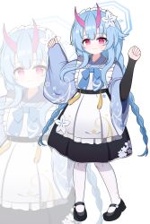 1girl absurdres apron black_dress black_shoes blue_archive blue_bow blue_bowtie blue_hair blue_halo blue_kimono bow bowtie braid chise_(blue_archive) commentary demon_horns dress flower frilled_apron frilled_hairband frills hair_flower hair_ornament hairband halo highres horns japanese_clothes kimono long_hair looking_at_viewer maid maid_apron maid_headdress red_eyes shoes single_horn teeth thighhighs tonghua_sakana white_apron white_background white_thighhighs