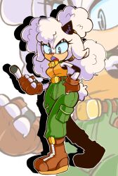 1girl annoyed bell boots cargo_pants cowbell derekin4k fingerless_gloves fluffy full_body gloves highres lanolin_the_sheep pants sheep sonic_(series) sonic_the_hedgehog_(idw) tank_top