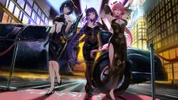 3girls absurdres alternate_costume animal_ears armpits arms_behind_head backlighting bare_shoulders bird_mask black_dress black_gloves black_pantyhose black_shoes blue_hair braid breasts bridal_gauntlets car city cleavage_cutout clothing_cutout cocktail_dress commentary_request copyright_name detached_collar dress earrings elbow_gloves fox_ears genshin_impact gloves hair_between_eyes hair_ornament high_heels highres jewelry kujou_sara limousine lineup long_braid long_dress long_hair looking_at_viewer mask mask_on_head medium_breasts mole mole_under_eye motor_vehicle multiple_girls navel outdoors pantyhose pencil_dress pendant pink_hair purple_eyes purple_hair purple_nails raiden_shogun red_carpet red_mask shoes short_hair shrug_(clothing) side_slit smile stomach_cutout subu_art underboob very_long_hair vision_(genshin_impact) walking yae_miko yellow_eyes