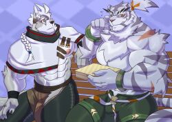 2boys abs animal_ears bara bare_pectorals biceps black_kun_(blackclownowo) blush box box_of_chocolates cat_nose claws closed_mouth commentary dog_nose english_commentary flying_sweatdrops furry furry_male grey_fur highres holding holding_box klaus_(world_flipper) looking_at_another looking_to_the_side male_focus multiple_boys muscular muscular_male navel nimbus_(world_flipper) nipples on_bench pectorals ponytail purple_fur scratching_cheek sitting smile tail tiger_boy tiger_ears tiger_stripes tiger_tail topless_male white_hair wolf_boy wolf_ears wolf_tail world_flipper yaoi