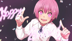 1girl birthday bright_pupils commentary confetti en&#039;en_no_shouboutai english_text happy_birthday highres kasugatani_inca koss_mori magic open_mouth pink_eyes pink_hair shirt smile solo teeth upper_teeth_only white_pupils white_shirt