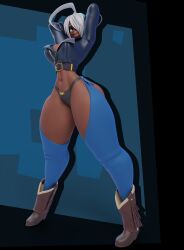 1girl angel_(kof) arms_up ass boots breasts carro3dsculpts chaps cleavage curvy dark-skinned_female dark_skin female_focus green_eyes hair_over_one_eye jacket large_breasts leather midriff panties short_hair smile smiley_face standing tan the_king_of_fighters thick_thighs thighs underwear white_hair wide_hips