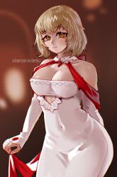 1girl absurdres artist_name blonde_hair breasts cleavage closed_mouth covered_navel dress dungeon_meshi falin_touden highres idamaria large_breasts light_smile looking_at_viewer medium_hair solo white_dress yellow_eyes