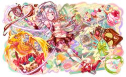 1girl 1other animal_ears apron aqua_bow aqua_eyes asymmetrical_legwear baking bare_shoulders basket blueberry blush bow bowl brown_shirt brown_sleeve_cuffs buttoned_cuffs buttons candy_heart cel_shading chef_hat chocolate chocolate_icing closed_mouth commentary_request crash_fever cross-laced_clothes cross-laced_top cupcake detached_sleeves double-breasted dragon dragon_tail dragon_wings dutch_angle food frilled_thighhighs frills fruit full_body game_cg garter_straps gloves hat hat_ornament heart heart_hat_ornament high_heels holding holding_bowl holding_whisk horizontal-striped_skirt icing indoors kitchen leg_up lemon lemon_slice long_hair macaron mismatched_legwear mismatched_thighhighs no_feet official_art one_eye_closed orange_scales outline oven pinstripe_pattern pinstripe_skirt purple_gloves red_footwear red_outline red_ribbon ribbon saturated scales shirt shoe_soles shoe_strap single_detached_sleeve single_glove skirt sleeve_cuffs solo_focus sparkle strawberry strawberry_slice striped_clothes striped_skirt tachi-e tail teapot teeth thigh_strap thighhighs tile_floor tiles tongue tongue_out transparent_background vertical-striped_clothes vertical-striped_skirt very_long_hair whisk white_apron white_garter_straps white_hair white_hat white_sleeves white_thighhighs wings yellow_bow