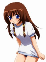 00s 1girl :o absurdres blue_eyes blush brown_hair buruma child covering_crotch covering_privates cowboy_shot embarrassed female_focus flat_chest from_side gym_uniform hair_between_eyes hair_ornament heart heart_hair_ornament highres long_hair open_mouth shirt shirt_tug short_sleeves sidelocks simple_background solo standing sugimura_tomokazu tachibana_ichika utakata white_background