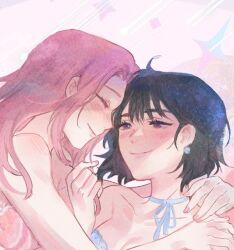 2girls alien_stage bare_arms bare_shoulders black_hair blue_ribbon chimfucius closed_eyes closed_mouth commentary earrings english_commentary hand_on_another&#039;s_shoulder hug jewelry long_hair mizi_(alien_stage) multiple_girls neck_ribbon pink_background pink_hair purple_eyes ribbon short_hair smile sua_(alien_stage) yuri