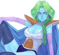 1girl acha armor bad_drawr_id bad_id blue_skin breasts cleavage colored_skin dragon_ball dragonball_z drawr earrings elbow_gloves female_focus genderswap genderswap_(mtf) gloves green_hair jewelry lips medium_breasts oekaki ponytail sitting solo thighhighs yellow_eyes zarbon