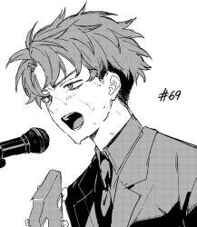 Rule 34 | 1boy, :o, collared shirt, commentary, futsuu no keion-bu, greyscale, guitar, highres, instrument, jacket, lapels, male focus, microphone, monochrome, music, notched lapels, official alternate costume, official alternate hairstyle, open mouth, shirt, short hair, simple background, singing, solo, suit jacket, sweat, takami kouki, upper body, v-shaped eyebrows, white background, zoosoeoa
