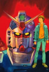 1980s_(style) 1boy 2001 amuro_ray brown_hair dated gun gundam highres jacket looking_at_viewer looking_to_the_side machine_gun machinery mecha mobile_suit mobile_suit_gundam muzzle official_art oldschool promotional_art retro_artstyle robot rx-78-2_gundam scan science_fiction signature traditional_media v-fin weapon yasuhiko_yoshikazu yellow_eyes