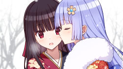 2girls black_hair blush date_a_live grey_hair highres izayoi_miku japanese_clothes kimono kiss kissing_cheek long_hair multiple_girls red_eyes tokisaki_kurumi yukata yuri