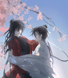 2boys absurdres bishounen black_eyes black_hair black_hanfu blue_sky branch carrying carrying_person cherry_blossoms chinese_clothes chinese_commentary closed_mouth clothes_grab coat dao_gui_yi_xian day eye_contact eyelashes flower hair_between_eyes hair_bun hair_ribbon half_updo hanfu highres holding holding_another&#039;s_hair hug li_huowang long_hair long_sleeves looking_at_another male_focus multiple_boys open_mouth outdoors profile red_coat ribbon robe single_hair_bun sky standing suibian59632 teeth tree updo upper_body white_hanfu white_ribbon wide_sleeves yaoi zhuge_yuan