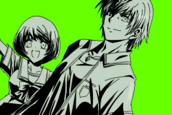 1boy 1girl :d aizel_(dq10) arm_up asfeld_academy_school_uniform bob_cut bow collarbone commentary_request crowne_(dq10) dragon_quest dragon_quest_x green_background greyscale_with_colored_background jewelry looking_at_viewer necklace open_mouth ozogori_(user_tzaz2447) school_uniform shirt_bow short_hair smile smirk upper_body