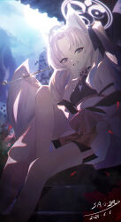 1girl absurdres animal_ear_fluff black_ribbon black_shirt blue_archive blush bow detached_sleeves fox_girl fox_tail grey_eyes grey_hair grin hair_ribbon hayate_(1034853996) highres holding holding_smoking_pipe japanese_clothes kimono kuzunoha_(blue_archive) long_hair looking_at_viewer parted_bangs ribbon sash shirt sidelocks smile smoking_pipe solo tail two_side_up white_kimono white_sash yellow_bow