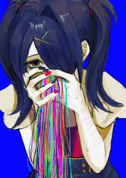 Rule 34 | 1girl, absurdres, ame-chan (needy girl overdose), blue background, blue eyes, covering own mouth, hair ornament, hair over one eye, highres, looking at viewer, multicolored nails, multiple scars, needy girl overdose, pao (i loxe u), red shirt, scar, scar on arm, self-harm scar, shirt, short twintails, simple background, skirt, solo, suspender skirt, suspenders, twintails, upper body, vomiting rainbows, winged sleeves, wrist cutting, x hair ornament