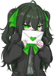 absurdres blush filter-sama_(neuro-sama) green_eyes green_hair green_ribbon hair_ornament highres letter love_letter ribbon ritspi shy