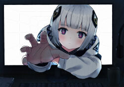 1girl absurdres black_eyes black_shirt blunt_bangs bright_pupils cevio closed_mouth commission cup dark_room diamond_hair_ornament expressionless head_tilt headphones high_collar highres holding_own_arm hood hood_down hooded_jacket jacket kafu_(cevio) kamitsubaki_studio computer_keyboard light_blush light_frown long_sleeves looking_at_viewer monitor mug multicolored_eyes pink_eyes raised_eyebrows reaching reaching_towards_viewer shirt shiyomifu skeb_commission solo through_medium through_screen tile_wall tiles upper_body white_hair white_jacket white_pupils