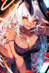 1girl absurdres animal_ears black_camisole blue_nails breasts camisole cleavage cross dark-skinned_female dark_skin fangs hair_between_eyes highres jewelry large_breasts latin_cross leaning_forward long_hair looking_at_viewer open_mouth original pendant rabbit_ears red_eyes solo strap_slip the0neulost white_hair