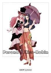 2girls arm_tattoo black_hat blue_jacket blunt_bangs boots breasts character_name cleavage crop_top cropped_jacket dress eyewear_on_head hat holding holding_umbrella jacket long_hair looking_at_viewer multiple_girls nico_robin nico_robin_(return_to_sabaody) one_eye_closed one_piece perona pink_sarong sarong short-sleeved_jacket short_sleeves sidelocks simple_background tattoo top_hat umbrella watch white_background wristwatch xiluoji