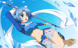 10s 1girl bad_id bad_pixiv_id blue_eyes blue_hair female_focus highres ishida_seito ludmila_lourie madan_no_ou_to_vanadis matching_hair/eyes midriff navel open_mouth polearm see-through_clothes short_hair skirt solo spear staff weapon