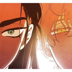 1boy 1girl alien_stage blonde_hair border brown_hair close-up colored_eyelashes dark-skinned_female dark_skin eye_focus green_eyes half-closed_eyes hyuna_(alien_stage) looking_at_viewer lubya luka_(alien_stage) simple_background thick_eyebrows white_background white_border yellow_eyes