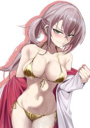 1girl absurdres aqua_eyes ar-57_(girls&#039;_frontline) arm_at_side armpit_crease bare_shoulders bikini blush breasts cleavage collarbone commentary_request cowboy_shot dutch_angle ear_piercing embarrassed front-tie_bikini_top front-tie_top girls&#039;_frontline gold_bikini golden_week groin hair_between_eyes halterneck highres jacket kuzumotsu large_breasts long_hair looking_at_viewer lowleg lowleg_bikini mole mole_on_breast multicolored_jacket navel off_shoulder piercing pink_hair ponytail purple_bikini red_jacket shiny_clothes shiny_skin shiny_swimsuit side-tie_bikini_bottom sidelocks solo spaghetti_strap stomach string_bikini sweat sweatdrop swimsuit thighs two-tone_jacket undressing wavy_mouth wet white_jacket