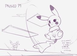 1girl animal_focus animal_sexualization blush_stickers cleft_of_venus closed_mouth english_text female_focus full_body gameplay_mechanics gen_1_pokemon gen_2_pokemon grey_background greyscale jumping kekitopu monochrome motion_lines nintendo no_humans pichu pikachu pokemon pokemon_(creature) pussy sketch solo_focus spread_legs super_smash_bros. sweat time_stop uncensored wavy_mouth