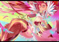 1girl animal armpits arms_up bag_bow battle bird black_border boots border bow capelet cropped_shirt cure_flamingo earrings feather-trimmed_sleeves feet_out_of_frame fishnet_thighhighs fishnets flamingo floating_clothes floating_hair flock frilled_skirt frills furrowed_brow green_sky grin hair_between_eyes hair_ornament highres jewelry knee_boots letterboxed light_particles long_hair magical_girl midriff miniskirt multicolored_hair ocean one_eye_closed outdoors pink_bag precure purple_eyes red_boots red_capelet red_hair red_skirt red_thighhighs shell shell_brooch shell_earrings shipu_(gassyumaron) shirt short_sleeves signature skirt sky smile solo star_(symbol) streaked_hair sunset swept_bangs takizawa_asuka thighhighs thighs tropical-rouge!_precure tsurime two-tone_hair very_long_hair waist_bag white_hair white_shirt yellow_bow
