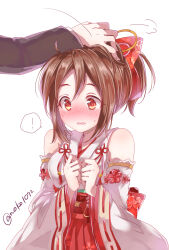 ! 1boy 1girl absurdres bare_shoulders blush bow breasts brown_hair detached_sleeves domyoji_karin dot_nose hair_bow hair_ribbon hands_up highres idolmaster idolmaster_cinderella_girls idolmaster_cinderella_girls_starlight_stage japanese_clothes kimono kimono_skirt long_sleeves looking_at_another looking_down medium_breasts miko motion_lines noko_(noko1886) obi obiage obijime open_mouth pleated_skirt puff_of_air red_bow red_eyes red_ribbon red_skirt ribbon ribbon-trimmed_sleeves ribbon_trim sash short_hair shy simple_background skirt sleeveless sleeveless_kimono speech_bubble sweatdrop twitter_username waist_bow white_background white_sleeves wide_sleeves