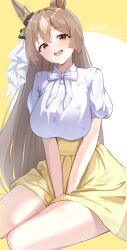 alternate_costume animal_ears bow breasts brown_eyes brown_hair casual ear_ornament ear_ribbon floral_print highres horse_ears horse_girl large_breasts looking_at_viewer lryutanl official_alternate_costume satono_diamond_(umamusume) sitting skirt smile teeth umamusume yellow_skirt