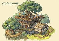 absurdres day deck fantasy highres original outdoors poppo_sutchy queue scenery stairs tokyo_big_sight toy_block translated tree tree_stump