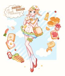 1girl aqua_eyes ari_(oonmnmooo) artist_name bacon bag blonde_hair blue_shorts blush bread broccoli butter cloud commentary croissant egg english_text food food-themed_bag food-themed_hair_ornament fried_egg full_body hair_ornament highres holding holding_food jam jar ketchup_bottle looking_at_viewer melon_bread original pancake plaid_clothes plaid_shorts red_shoes sailor_collar sausage shirt shoes shorts shoulder_bag socks solo speech_bubble star_(symbol) symbol-only_commentary white_sailor_collar white_shirt white_socks