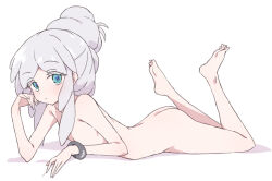 1girl absurdres aqua_eyes ass barefoot blue_eyes bracelet commentary_request completely_nude deux_murasame flat_chest grey_hair gundam gundam_gquuuuuux highres jewelry legs looking_at_viewer lying mel_(melty_pot) nude on_stomach sidelocks simple_background soles solo toes white_background
