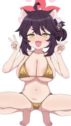 :d ahoge aji_1332 animal_ears areola_slip bare_arms bare_legs bare_shoulders barefoot bikini black_hair blue_archive blush breasts bright_pupils cleavage dot_nose double_v fang gold_bikini golden_week hair_bun hair_ornament halo hands_up highres kaede_(blue_archive) large_breasts looking_at_viewer medium_hair navel open_mouth oppai_loli pink_halo simple_background single_side_bun skin_fang smile spread_legs squatting straight-on swimsuit v v-shaped_eyebrows white_background yellow_eyes