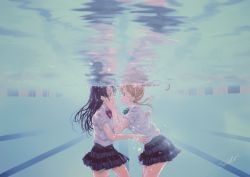 2girls absurdres artist_name ayase_eli blonde_hair blue_eyes blue_hair blue_skirt bow bowtie eye_contact green_neckwear hands_on_another&#039;s_face highres long_hair looking_at_another love_live! love_live!_school_idol_project multiple_girls otonokizaka_school_uniform ponytail red_neckwear school_uniform short_sleeves skirt sonoda_umi striped_bow striped_bowtie striped_clothes striped_neckwear suito underwater yellow_eyes yuri