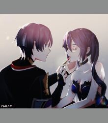 1boy 1girl applying_lipstick applying_makeup arm_rest armor artist_name bare_shoulders black_bodysuit black_choker black_hair black_sleeves blunt_ends bodysuit border breasts choker cleavage closed_mouth collarbone cosmetics eyelashes facing_another genshin_impact gold gold_trim grey_border hair_between_eyes hand_on_another&#039;s_chin hands_up highres holding holding_lipstick_tube japanese_armor japanese_clothes jewelry kimono kote kurokote layered_sleeves leotard letterboxed lipstick_tube long_hair looking_at_another medium_breasts mona_(genshin_impact) multicolored_hair neck_ring parted_lips purple_eyes purple_leotard purple_sleeves red_lips red_trim remind_lam22 scaramouche_(genshin_impact) short_sleeves sidelocks star_(symbol) star_choker strapless strapless_leotard streaked_hair turtleneck turtleneck_bodysuit twintails white_hair white_kimono white_trim