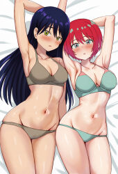 2girls amate_yuzuriha aqua_bra aqua_panties arm_behind_head armpits blue_eyes blue_hair blush bra breasts brown_bra brown_panties cleavage commentary_request dark-skinned_female dark_skin groin gundam gundam_gquuuuuux hair_between_eyes highres large_breasts long_hair looking_at_viewer lying multiple_girls navel nootomo nyaan_(gundam_gquuuuuux) on_back on_bed open_mouth panties red_hair short_hair stomach underwear underwear_only yellow_eyes
