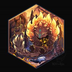 animal_focus cave character_request flaw_eight holding holding_rock indoors lava monster_hunter_(series) no_humans rock salamander stalagmite