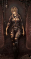 1girl belt black_bra blonde_hair blue_eyes bra breasts dansearl dorohedoro female_focus food full_body goggles goggles_around_neck highres hook large_breasts long_hair looking_at_viewer meat nikaidou_(dorohedoro) solo torn_clothes underwear watermark web_address