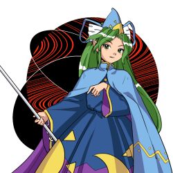 1girl blue_cape blue_dress blue_hat blue_ribbon cape chain cowboy_shot crescent_print dress green_eyes green_hair hat hat_ribbon high_collar holding kaigen_1025 long_hair long_sleeves looking_at_viewer mima_(touhou) parted_bangs pointy_ears ribbon solo standing sun_print touhou touhou_(pc-98) wide_sleeves wizard_hat