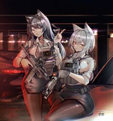 2girls ammunition_pouch animal_ear_fluff animal_ears arktic b&amp;t_apc belt belt_pouch blue_eyes blush breasts brown_pantyhose buckle bulletproof_vest cat_ears cat_girl collarbone collared_shirt feet_out_of_frame flashlight glock gloves gun gun_sling handgun highres holding holding_gun holding_weapon holster large_breasts long_hair long_sleeves magazine_(weapon) medium_hair military miniskirt multiple_girls muzzle_device open_mouth optical_sight orange_eyes original pantyhose parted_lips pencil_skirt pouch shirt sidelocks signature sitting skirt sleeves_rolled_up snap-fit_buckle spinning standing submachine_gun suppressor tactical_clothes thighhighs trigger_discipline unit_patch walkie-talkie watch weapon