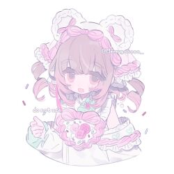 1girl animal_ears braid brown_hair cake confetti dress food frills hair_between_eyes hair_bun hair_ornament hat long_sleeves memuro original pink_eyes pink_hair smile twitter_username upper_body white_background white_dress